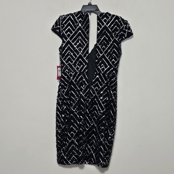 Vince Camuto Women Dress 4 Black Mini Capped Sleeve Deep Vneck Sheath Sequin 748 - Picture 12 of 15
